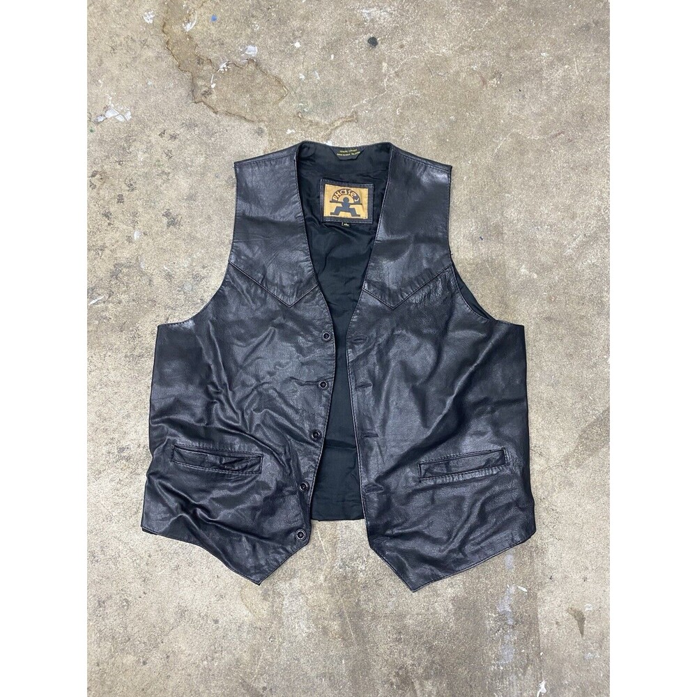 Phase 2 Vest Mens Large Black Leather Lined 5 Button Western Yoke Pockets
